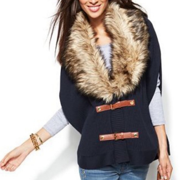 Michael Kors Sweaters - Micheal Kors Faux Fur Buckle Poncho Sweater